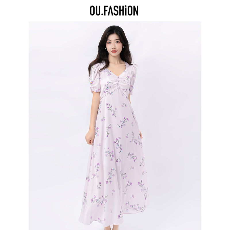OU.FASHION/欧点碎花连衣裙法式收腰显瘦钻石领中长裙6122320244
