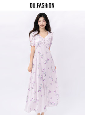 OU.FASHION/欧点碎花连衣裙法式收腰显瘦钻石领中长裙6122320244
