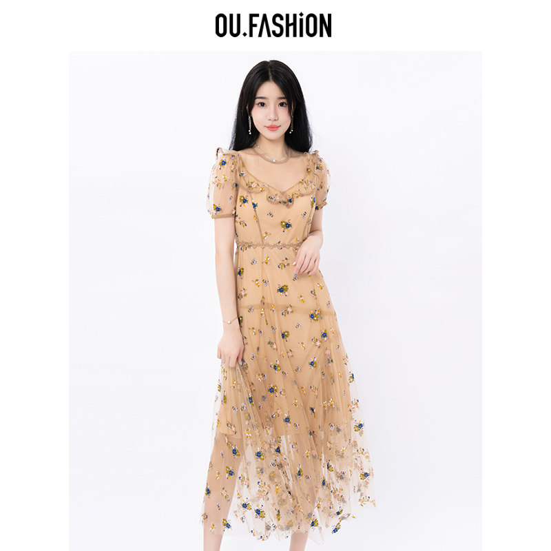 OU.FASHION/欧点名媛碎花刺绣连衣裙收腰气网纱中长裙6122320226