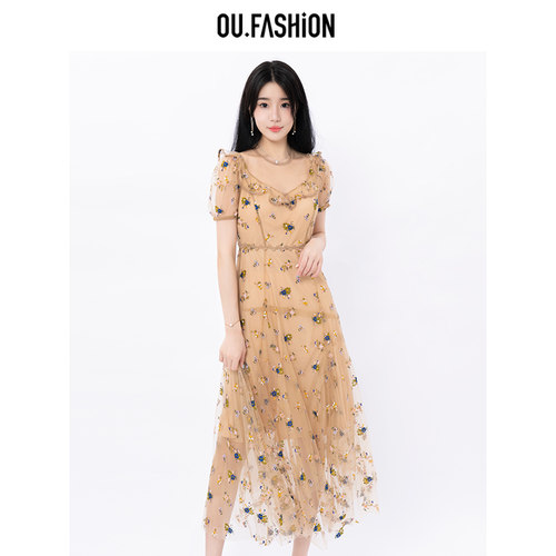 OU.FASHION/欧点名媛碎花刺绣连衣裙收腰气网纱中长裙6122320226