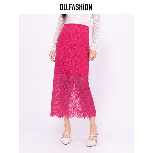 OU.FASHION/欧点蕾丝半身裙气质后开叉显瘦包臀裙长裙6112330457