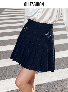 OU./欧点袋口宝石排列装饰小香风百褶裙1112340119