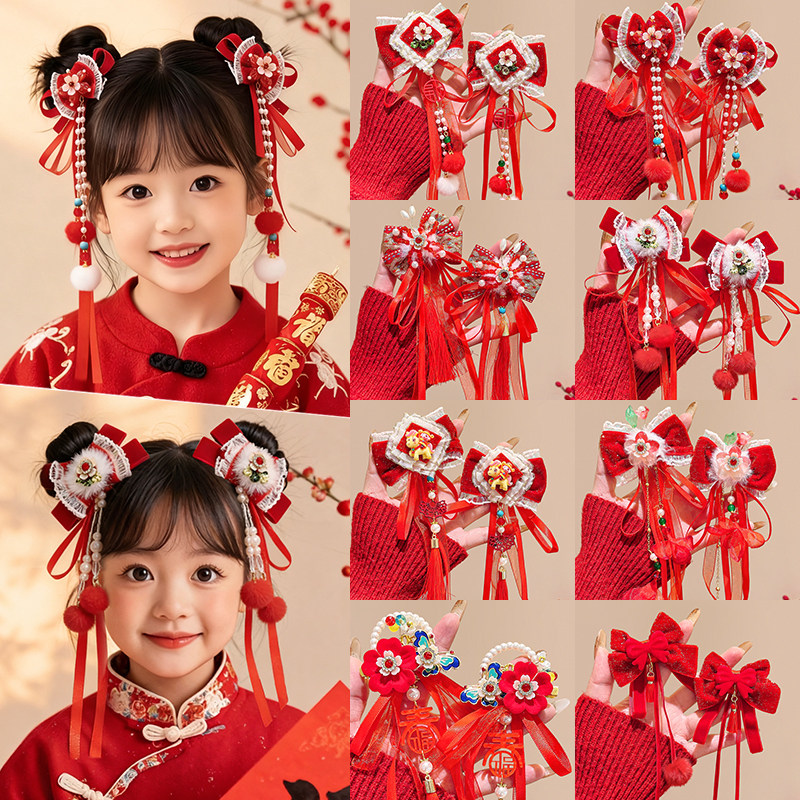 红色新年蝴蝶结发夹儿童过年头饰图片