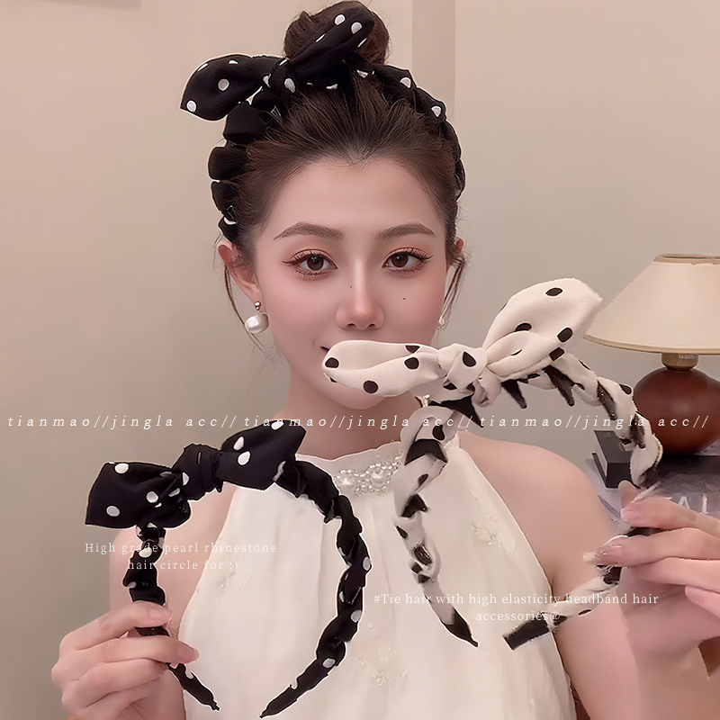 立体波点兔耳朵高颅顶蝴蝶结发箍