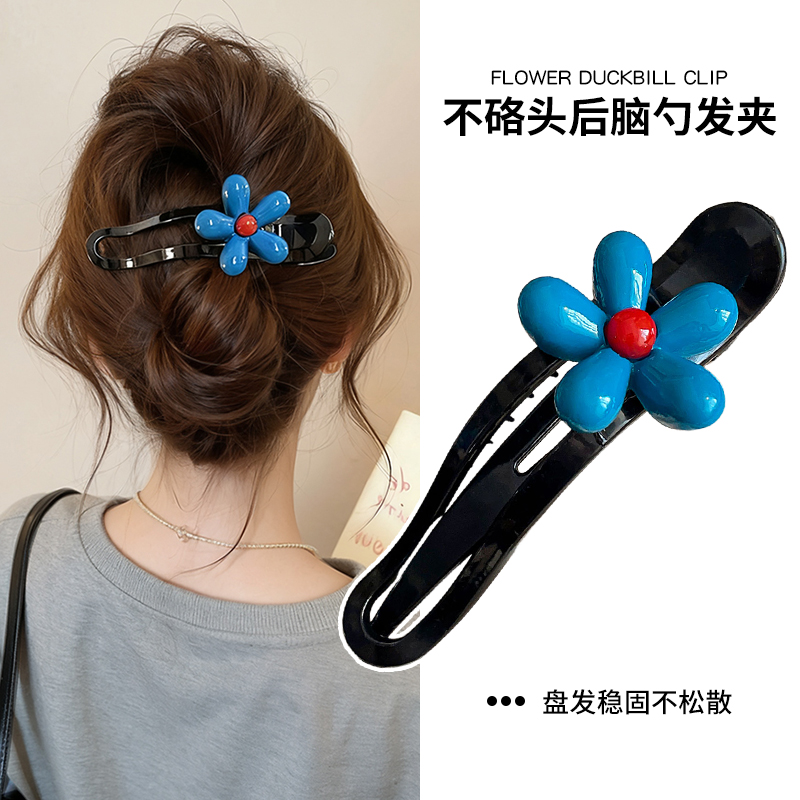 韩系蓝色花朵盘发鸭嘴夹