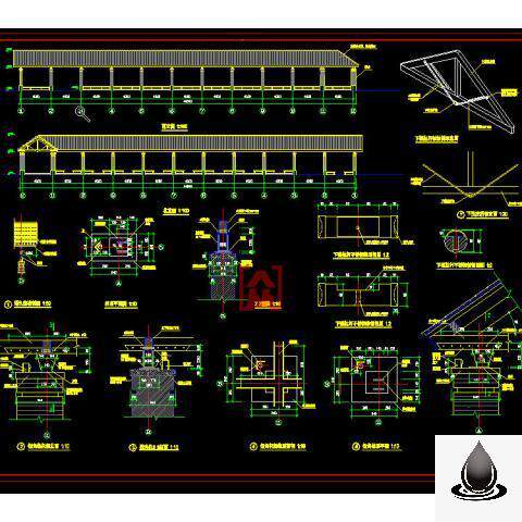 古建筑木结构l形长廊回廊檐廊道公园休息长廊cad施工图纸详图素材