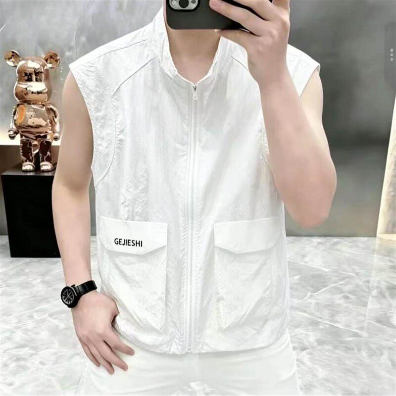 雪溪男装2026夏季新款男士无袖背心潮流宽松休闲立领坎肩马甲外a7