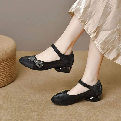 枫琴鞋包店女鞋圆头网纱浅瓢鞋女士旗袍妈妈鞋春夏软皮软底逛街a7