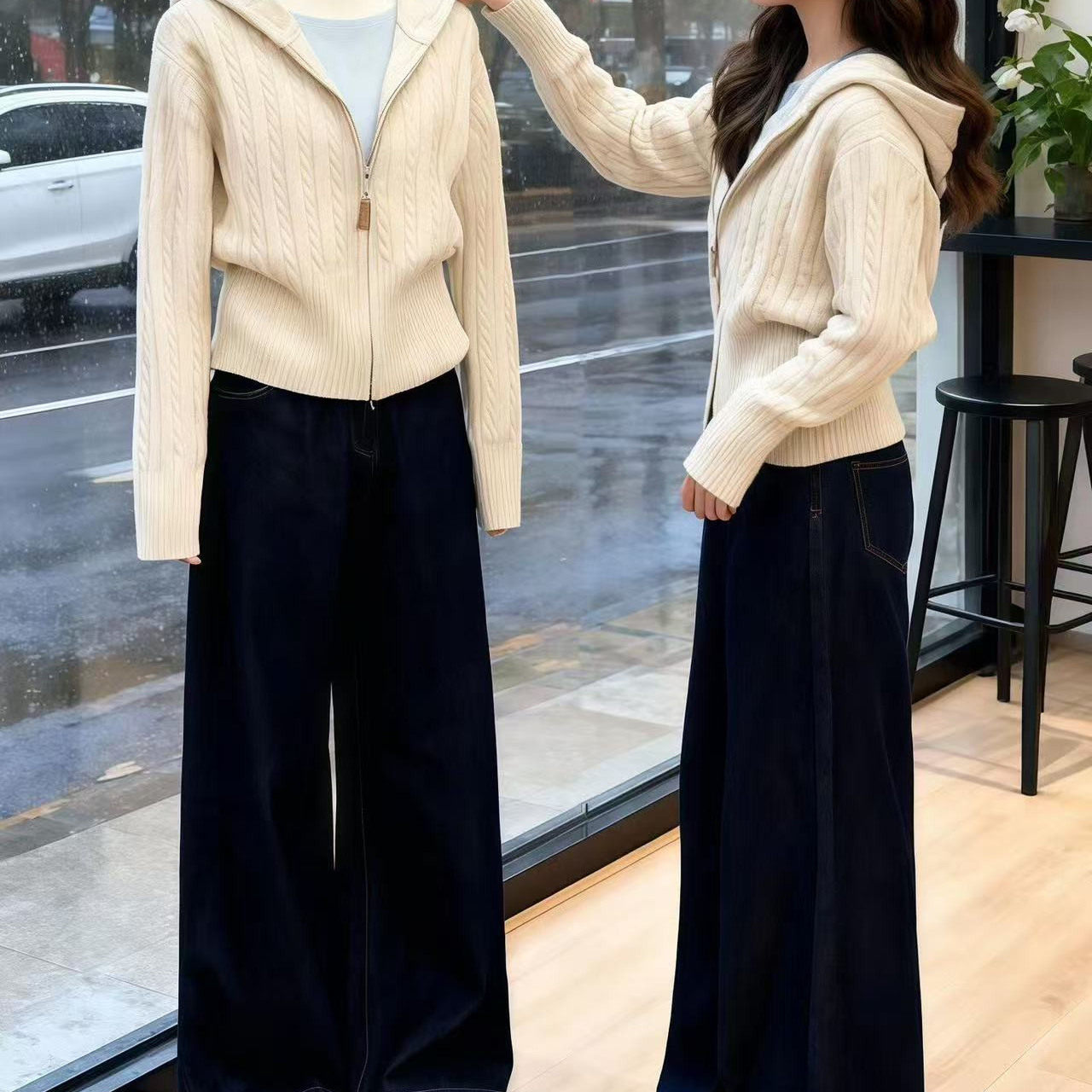 慵懒连帽拉链针织女开衫2025秋冬高级感修身百搭气质短款毛衣外套