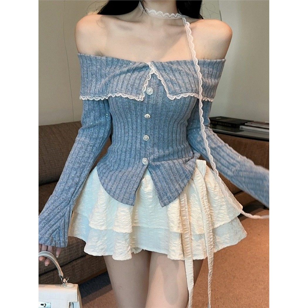 小香风紫色喇叭袖针织衫女秋冬纯欲一字肩挂脖上衣打底衫内搭毛衣,女装/女士精品,毛针织衫,淘宝优惠券,粉丝福利购,淘宝优惠卷