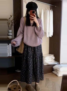 韩系小个子碎花洋装女2025慵懒风宽松长袖紫色毛衣初夏穿搭套装