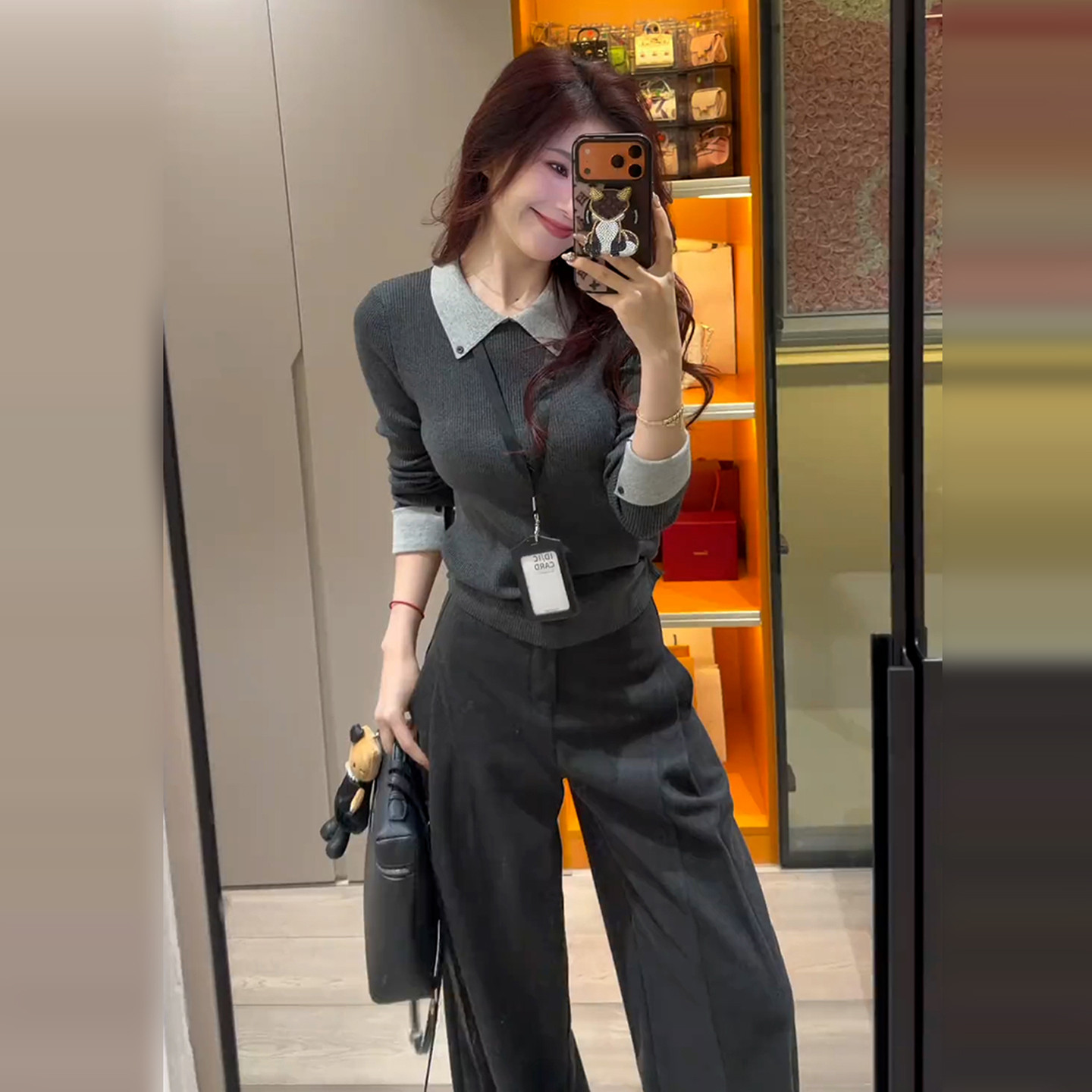 2025新款撞色假两件针织毛衣女秋冬季修身内搭打底灰色polo领上衣