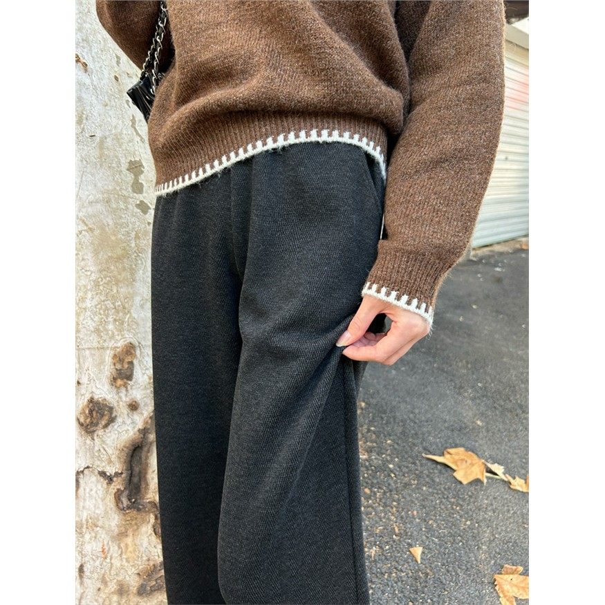 羊毛呢窄版阔腿裤女冬季2025新款高腰直筒休闲人字纹加厚加绒裤子