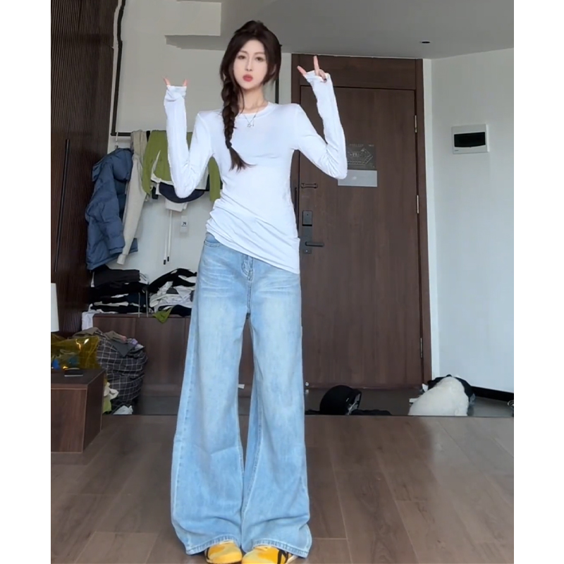 美式复古浅蓝色阔腿牛仔