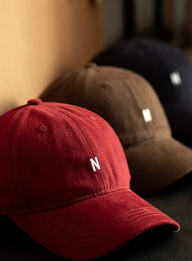 帽子女显脸小棒球帽韩版大头围小N刺绣红色鸭舌帽子春夏韩系遮阳