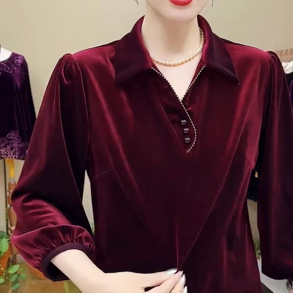 凯丽中老年女装丝绒打底衫宽松遮肉衬衫女上衣秋季百搭妈妈装小a8图片