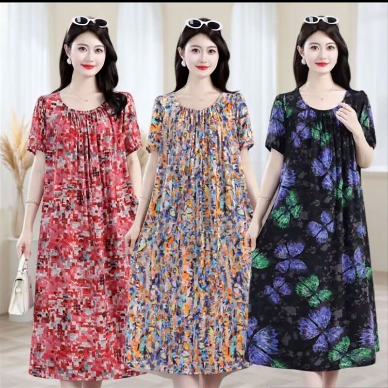 聚光点亮女装民族风印花棉绸连衣裙夏季女士双口袋加大睡裙家居a8