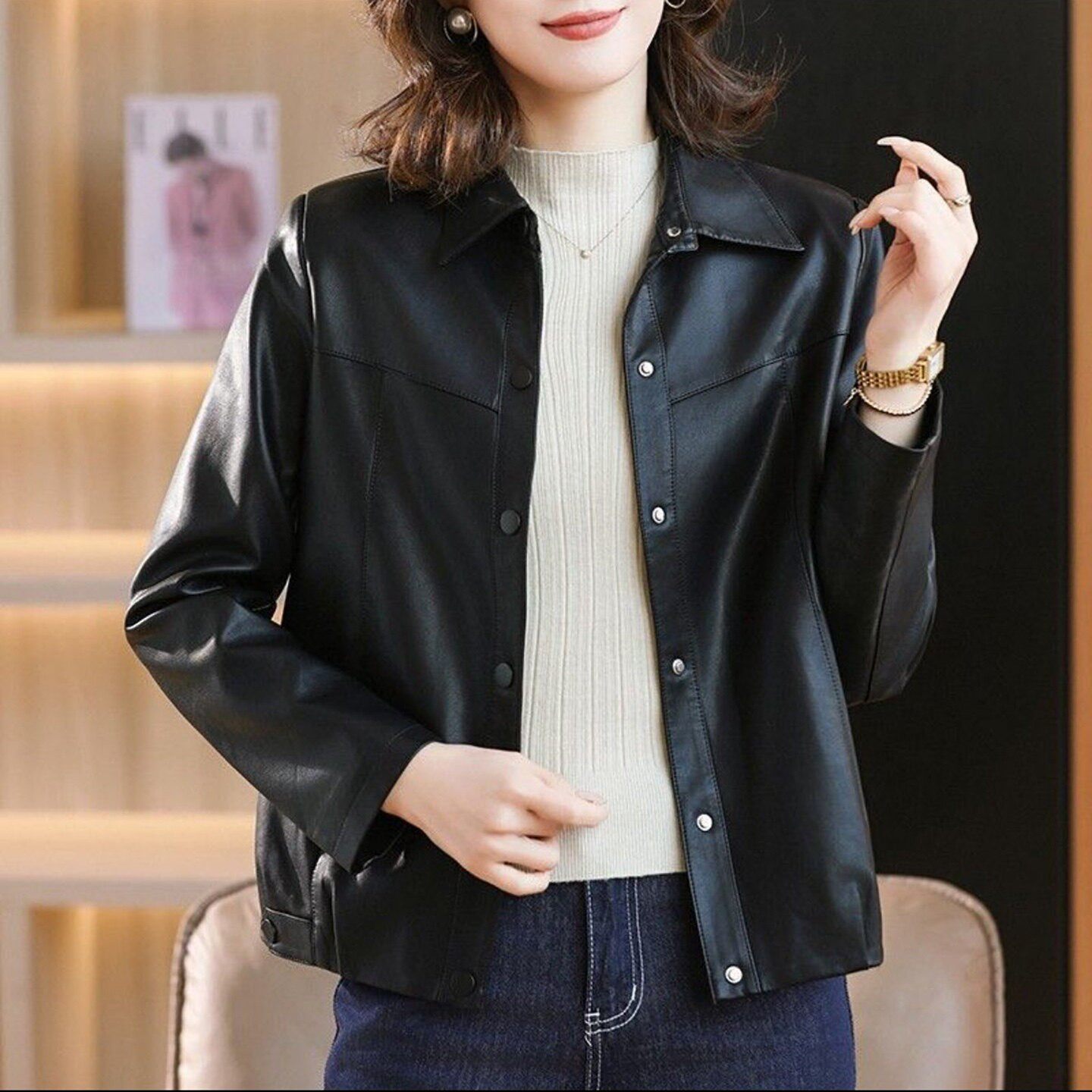 鑫立女装韩版百搭皮衣外套2026秋季女士款开衫皮夹克洋气减龄上a4