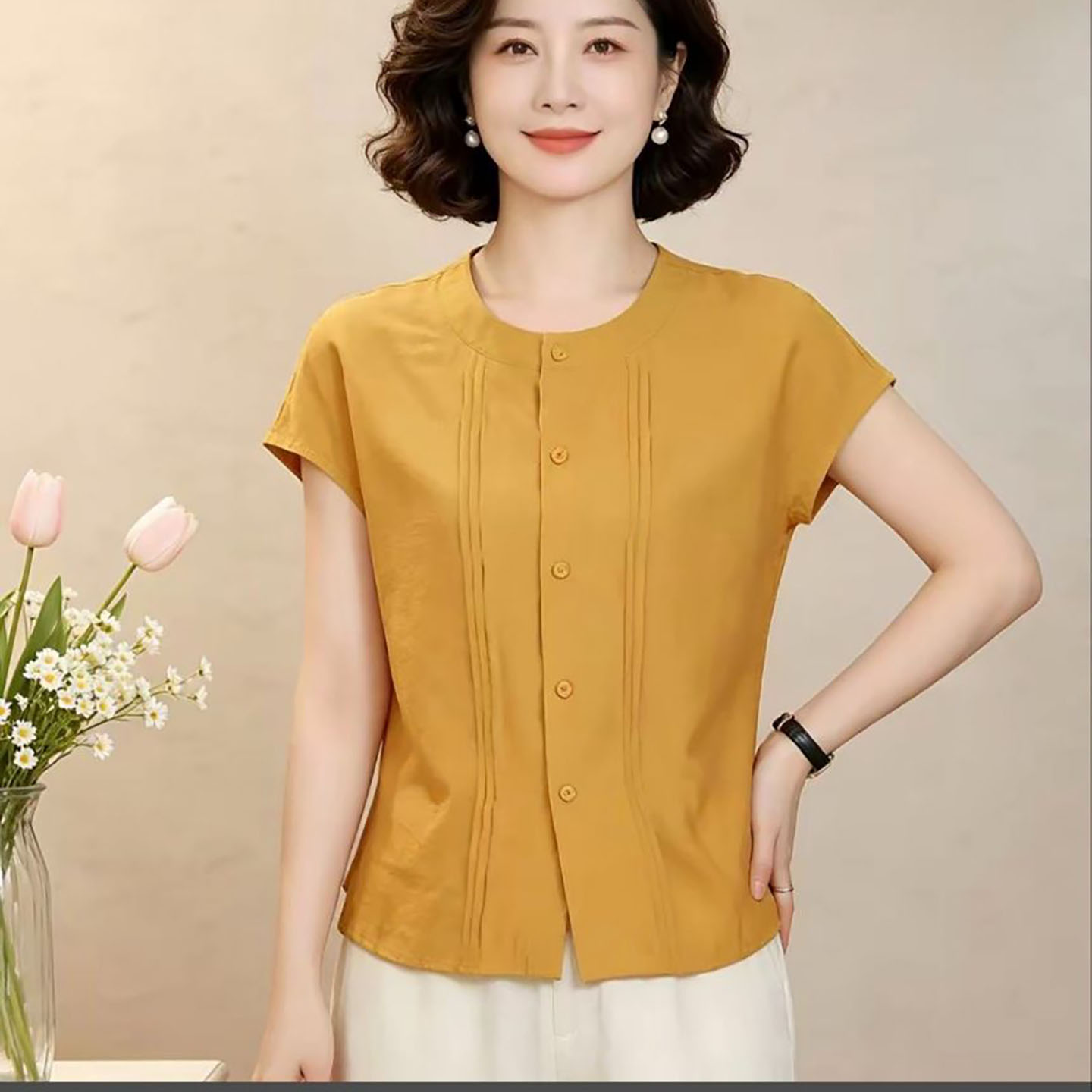 霸邦女装洋气减龄中年妈妈装女士款遮肚显瘦短袖衬衫夏季开叉a48