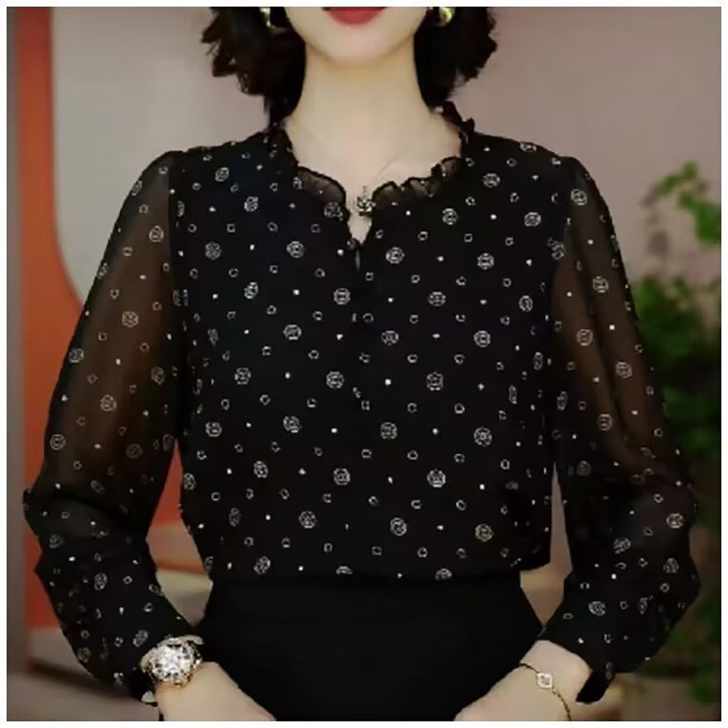 闵潇女装国风印花气质打底衫春秋女士长袖衬衫洋气显瘦百搭上衣a2