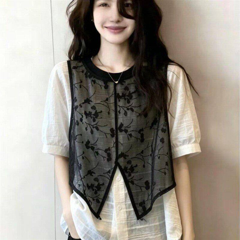 @路途臻选女装轻奢提花假两件马甲夏季女款短袖衬衫宽松显瘦上a2
