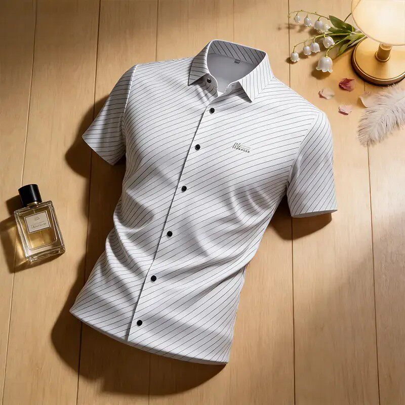 宏嫩男装2026夏季新款凉感透气条纹短袖衬衫弹力百搭休闲冰丝衬a7