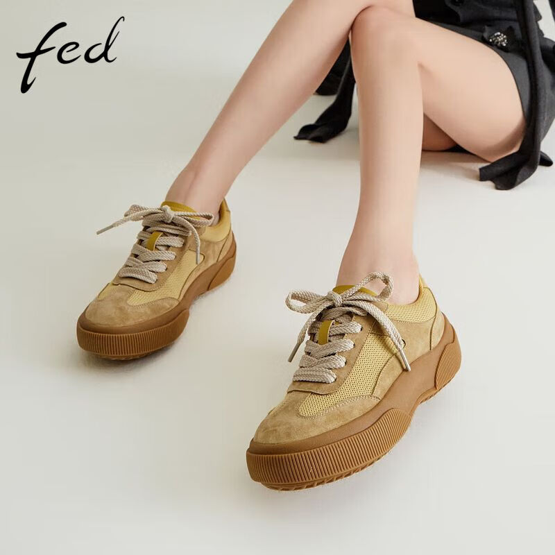 FED羊皮垫女鞋春夏耐磨厚底复古运动休闲鞋网面透气德训鞋FCS722