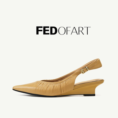 fed羊皮女鞋春夏尖头包头后空中跟坡跟单鞋真皮半凉鞋女FKS662