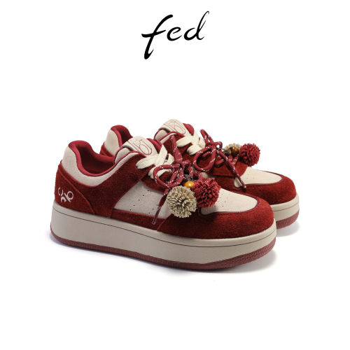fed红色板鞋秋季新款女鞋增高厚底鞋德训休闲鞋女款FWS357