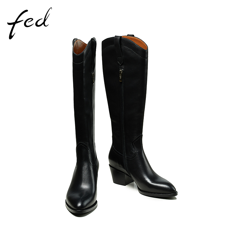 fed高筒骑士靴冬季新款靴子尖头v口粗跟不过膝长筒靴显瘦AGB060