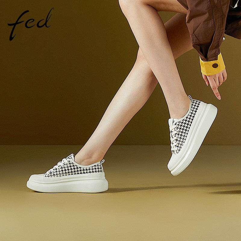 fed女鞋厚底休闲运动鞋秋季新款圆头系带透气千鸟格板鞋女ass321
