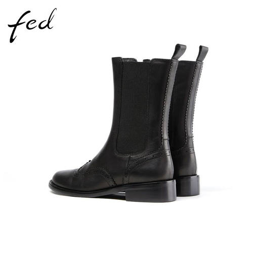 FED粗跟中筒靴冬季新款靴子圆头牛皮复古英伦时装靴女BQB551