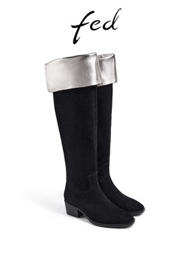 fed粗跟时装靴秋季新款女靴绒面骑士靴黑色长筒靴女款DLG179