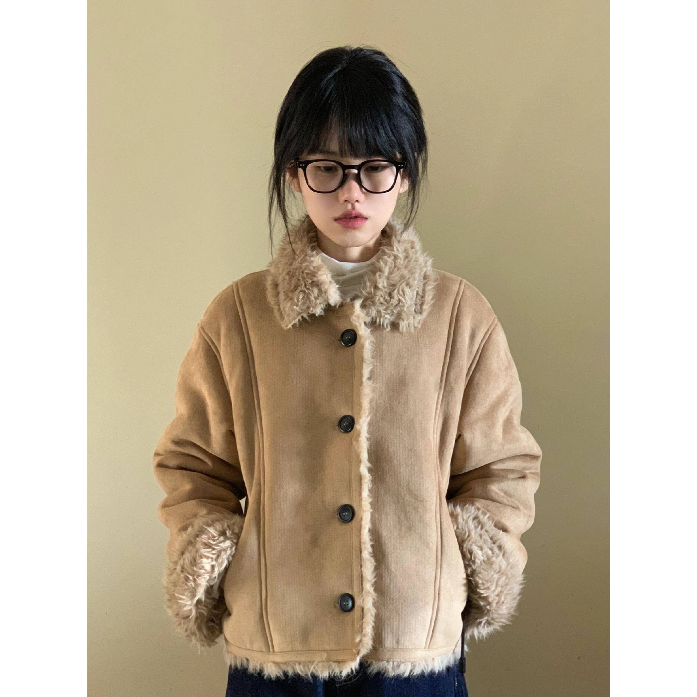 覆古加绒加厚麂皮棉衣外套女冬季2025新款小个子翻领保暖短款上衣