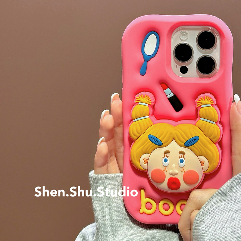 搞怪丑萌辫子女孩支架适用苹果15promax手机壳iphone14pro新款13pro软壳12pro女款11硅胶13趣味14创意15全包