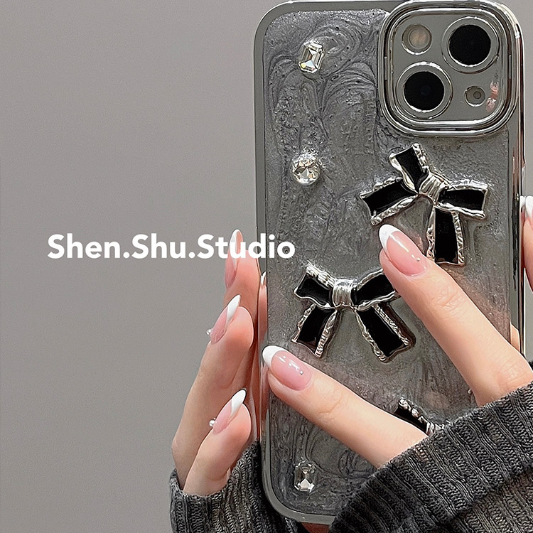ins立体闪钻蝴蝶结适用iphone16promax手机壳苹果14新款13pro滴胶保护套12女款15pro轻奢小众14pro全包电镀硬