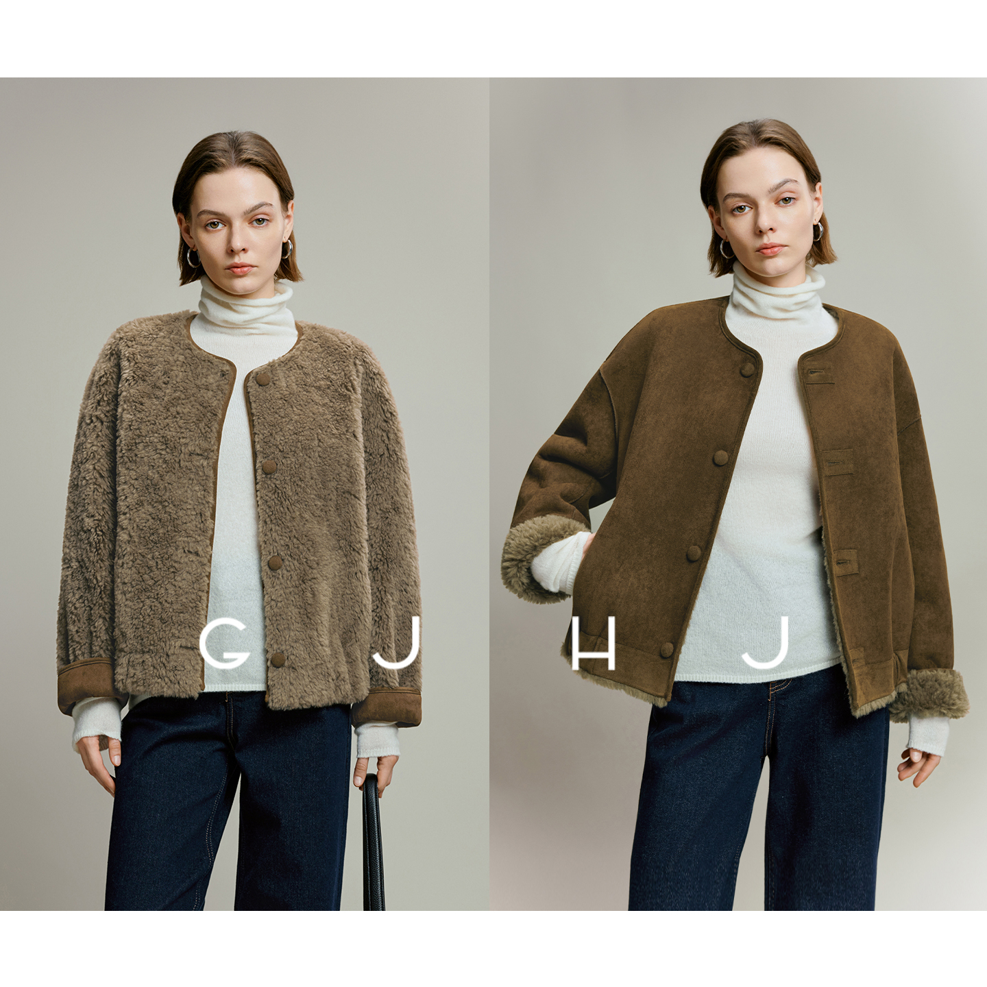 皮毛一体圆领两面穿麂皮绒外套