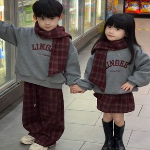安阳童装套装秋冬男童格子长裤女童洋气小公主红色加绒卫衣裙子