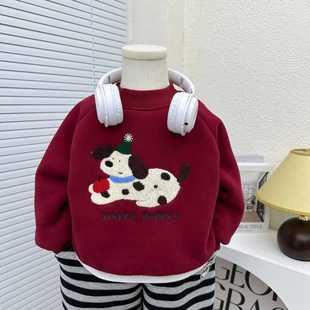 安阳童装儿童一体绒卫衣2025冬装红色新年喜庆拜年卡通圆领男童加