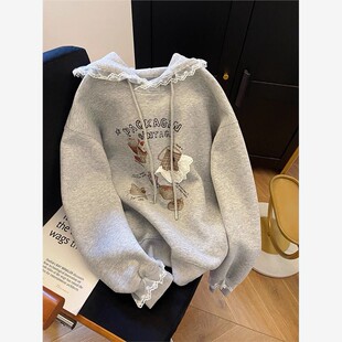 中大童春秋连帽蕾丝花边卫衣女童洋气纯棉长袖上衣初高中生衣服