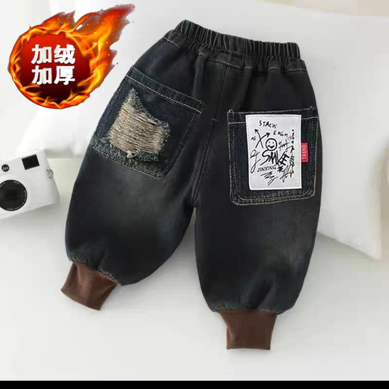 安阳童装男童加绒加厚牛仔裤秋冬季新款一体绒冬季牛仔裤宽松束脚