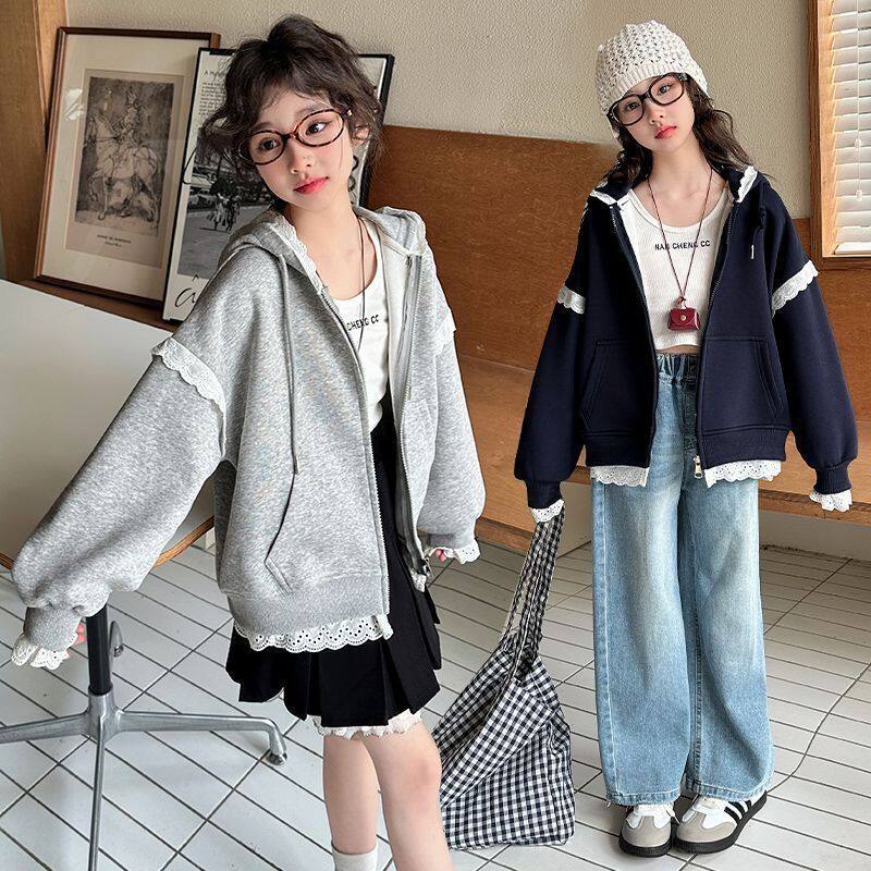 春秋季女童韩系运动外套2025新款女大童洋气连帽蕾丝卫衣儿童春装