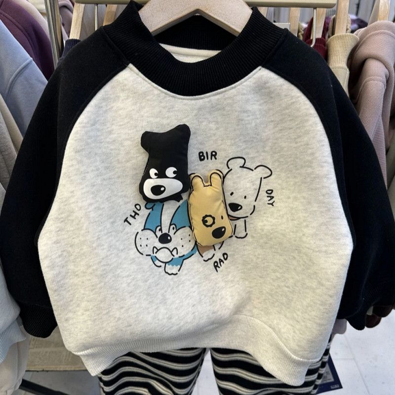 安阳童装韩国宝宝童装男女童韩系洋气拼色加绒卫衣中小童卡通公仔