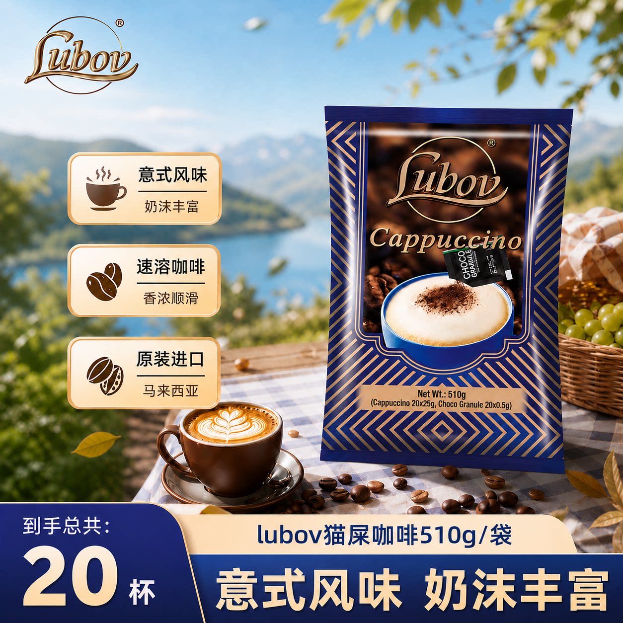 LUBOV琉鲍菲卡布奇诺速溶咖啡马来西亚原装进口独立包装巧克力粉