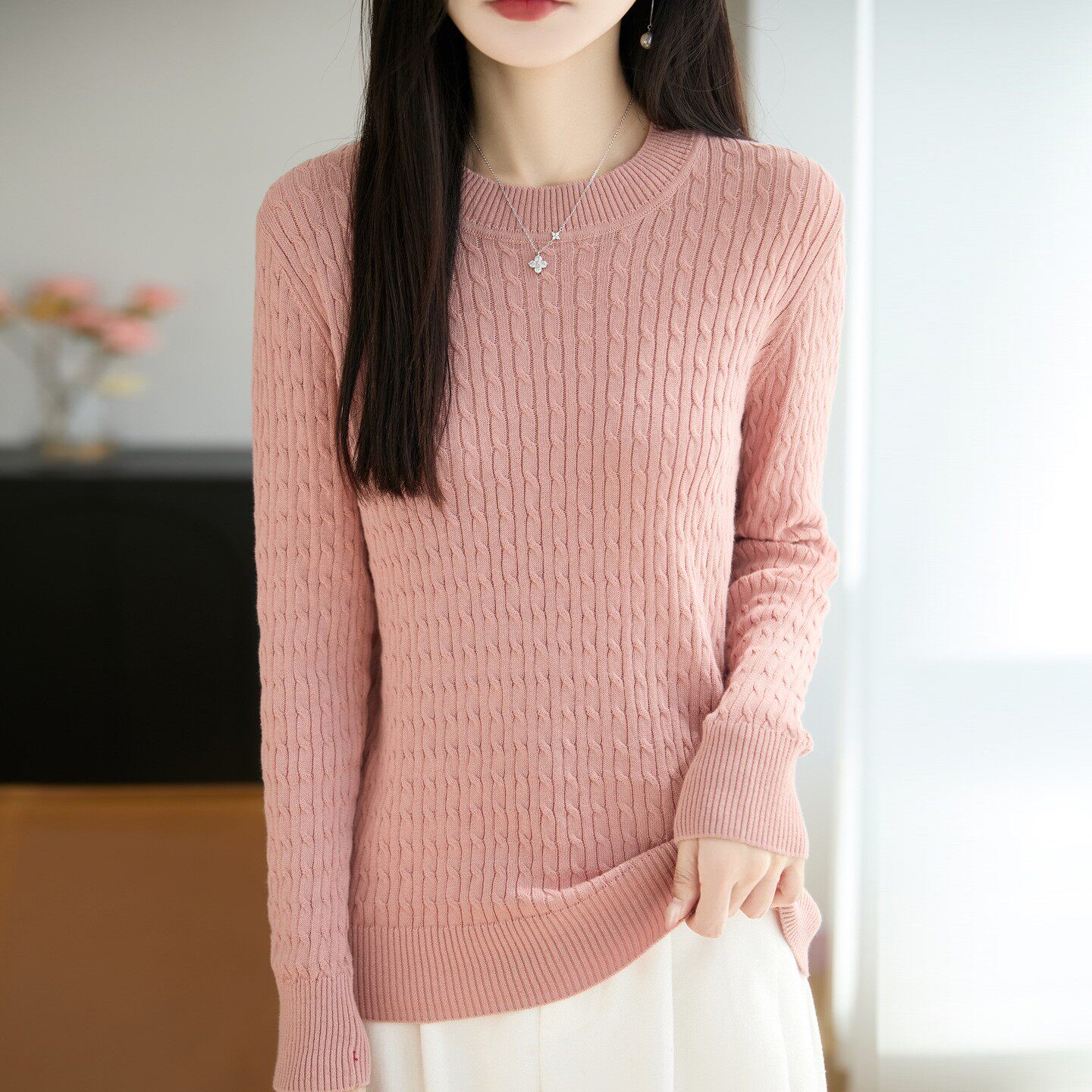 法式复古麻花纯棉线针织衫女圆领长袖套头保暖减龄打底衫新款毛a3