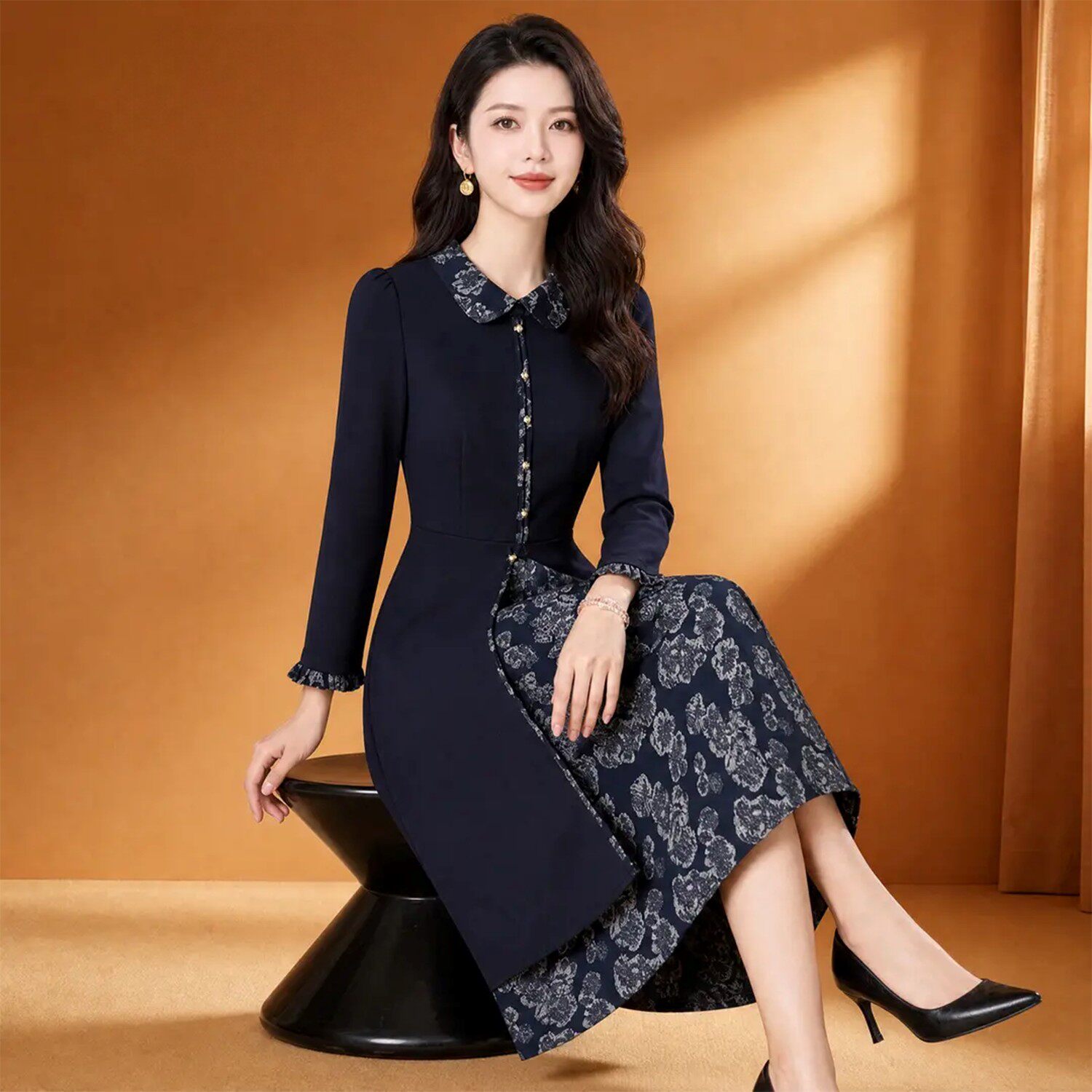 陆海丰轻奢时尚潮流连衣裙拼接碎花长袖中长裙中年女士气质显瘦a7