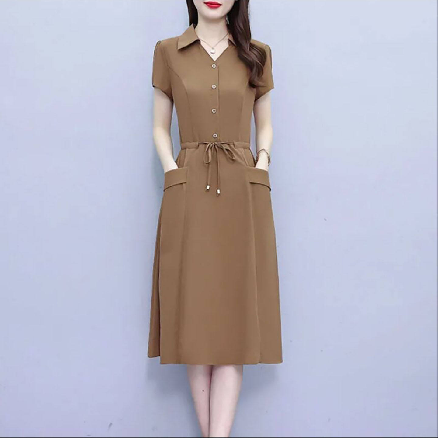 叙蓝女装有口袋纯色大码连衣裙2026新款收腰裙子夏季女士款中长a1