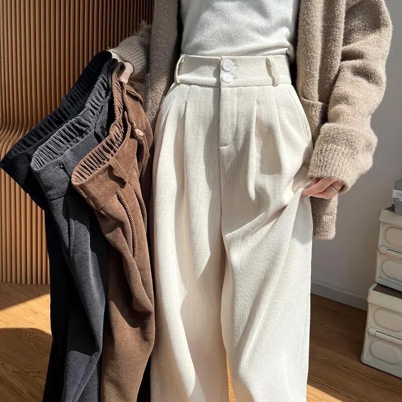 欧棉绒阔腿裤女早秋季高腰直筒显瘦春秋冬小个子窄版西装休闲裤a6