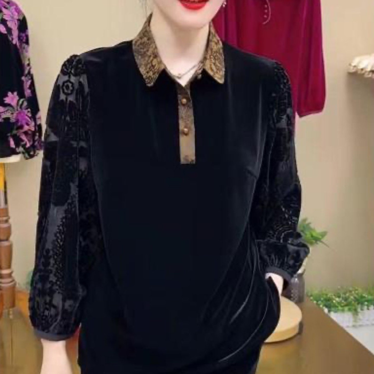 惜菁肴女装丝绒翻领衬衫2026秋季款中老年长袖T恤洋气妈妈装上a4