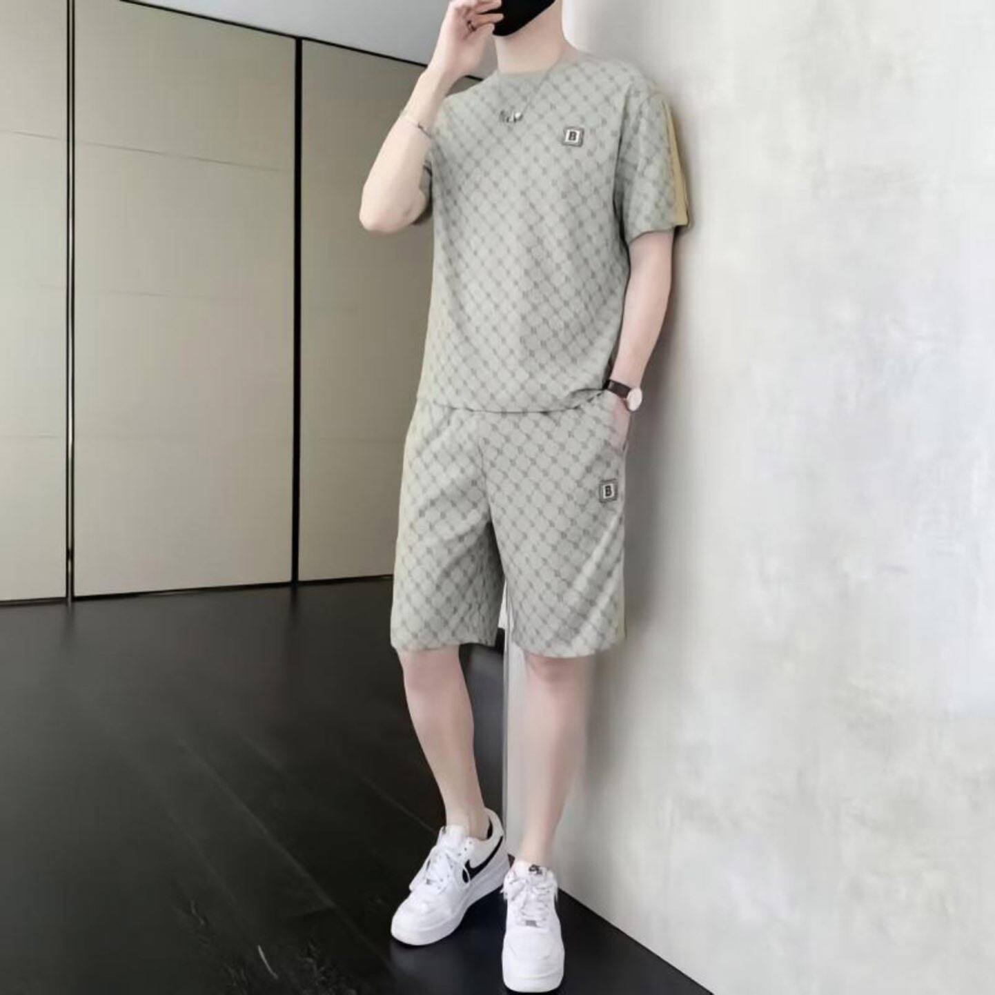 ~恒清男装夏季新款男冰丝休闲运动套装短袖T恤透气凉感两件套潮a7图片